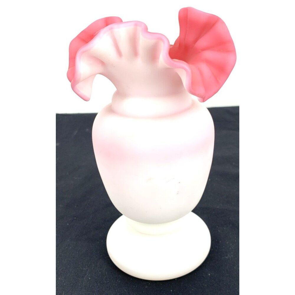 Fenton Vase Satin Glass White Pink Ruffled Edge Melon 7"